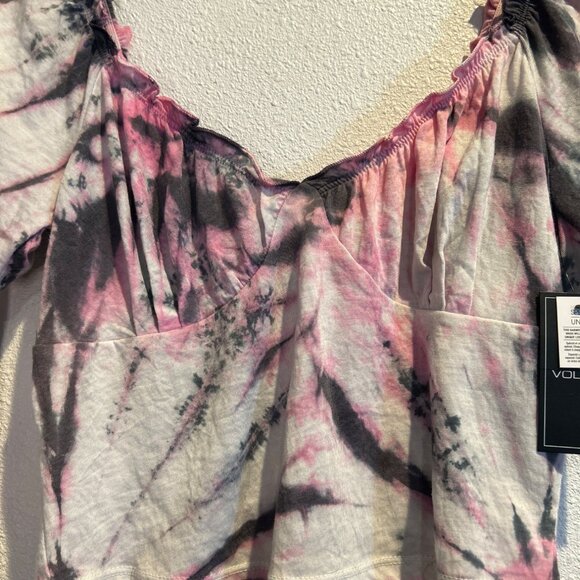 Volcom Women's MEDIUM Crop Top Pink Black White Tiedoll Wave Tie Dye - Picture 2 of 6